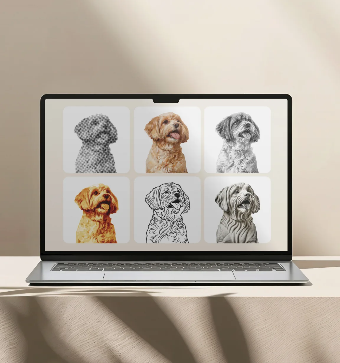 Laptop z sześcioma wersjami portretu psa